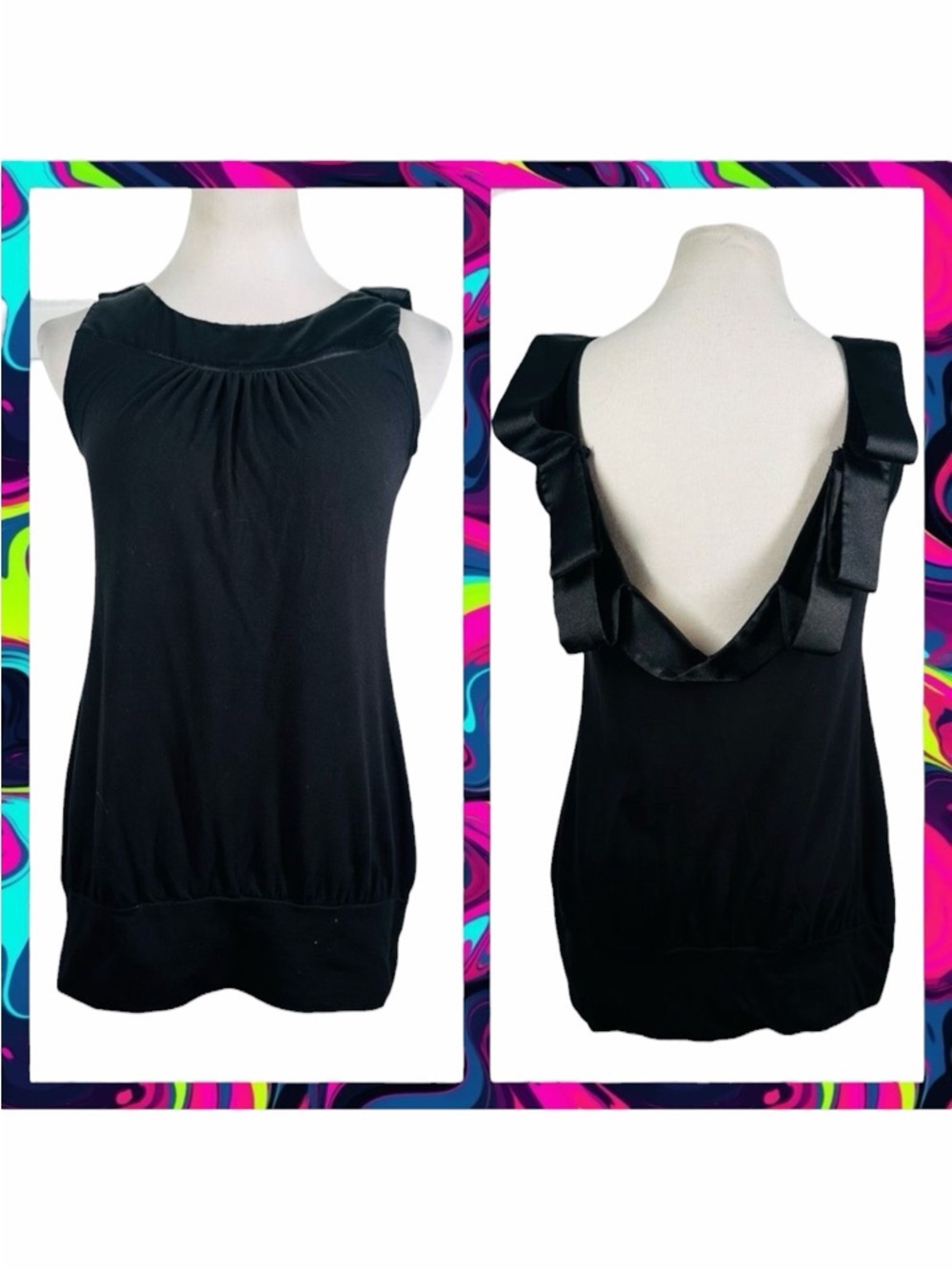 Fashion Spy Black Ruffle Open Back Tank - Size Large